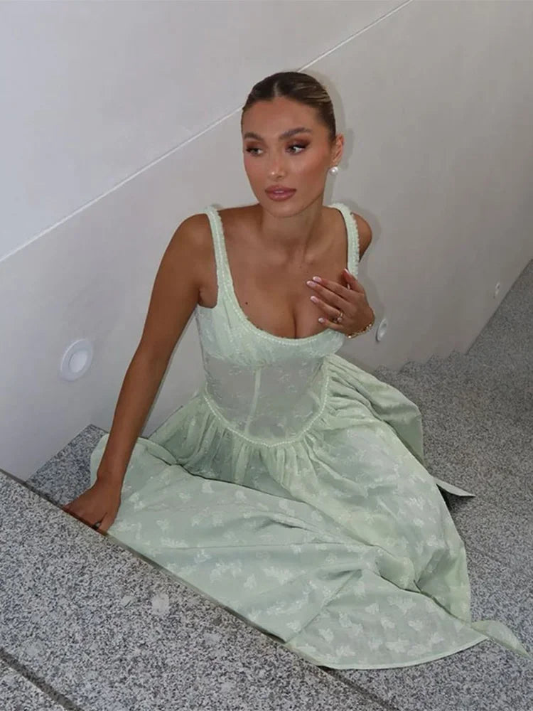Flower Printed Slim A-line Sling Green Dress Fashion Square Neck High Split Long Dresses 2024 Elegant Chic Evening Wedding Robes voguable