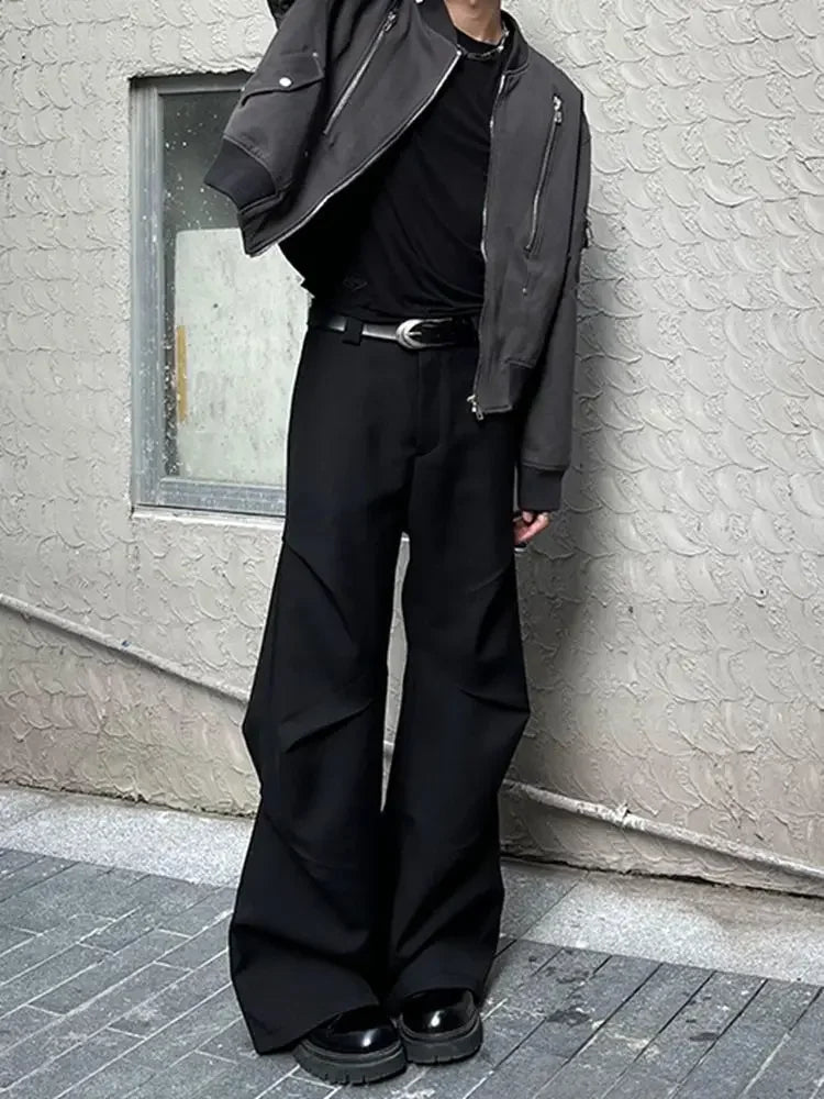 American Style Elastic Waist Loose-fit Casual Trousers 280gm Sensibility Ruffled Wide-leg Pants Men's Tuxedo Pants voguable