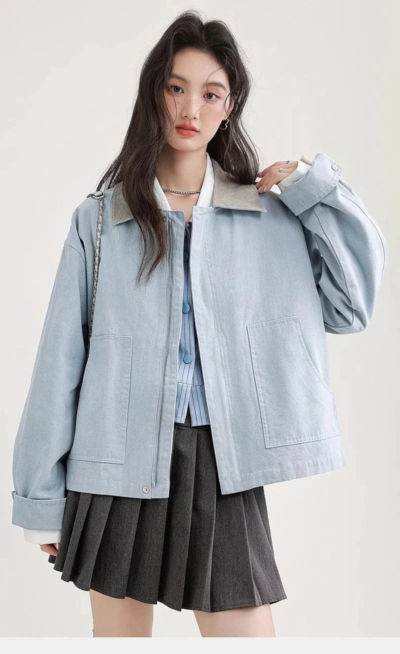 Blue Cargo Jacket Women Sweet Preppy Style Long Sleeve Retro Coat Casual Patchwork Turn Down Collar Korean Fall Outwear Top voguable