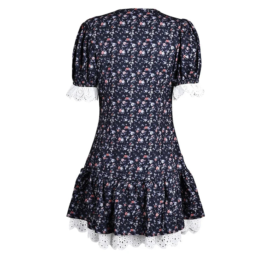 Voguable  Summer Vintage Lace Print High Waist Dress Sexy Mini A Line Dresses Street Chic For Woman Puff Sleeve Holiday Dress voguable