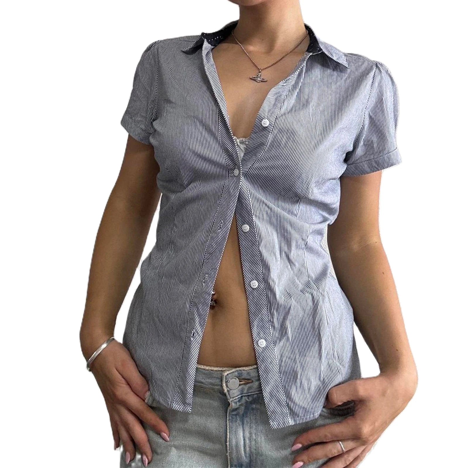 Women s Striped Short Sleeve Shirt with Turn Down Collar and Button Down Detail - Stylish Summer Blouse for Casual Streetwear voguable
