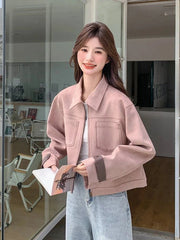 Pink Y2K Faux Suede Jacket Women Vintage Streetwear Long Sleeve Loose Coat Korean Casual Harajuku Fall Winter Outwear Tops voguable