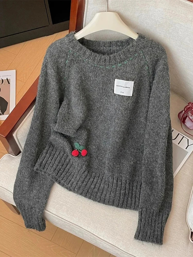 Cute 3D Cherry Sweaters Women Lazy Wind Long Sleeve Knitted Jumpers Japan Loose O Neck Female Kawaii Sweet Pullovers Tops voguable