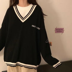 Voguable Thick Women Sweatshirt Winter Fashion V Neck Embroidery letter Pullover All Match Loose Long Sleeve Warm Black Tops New voguable