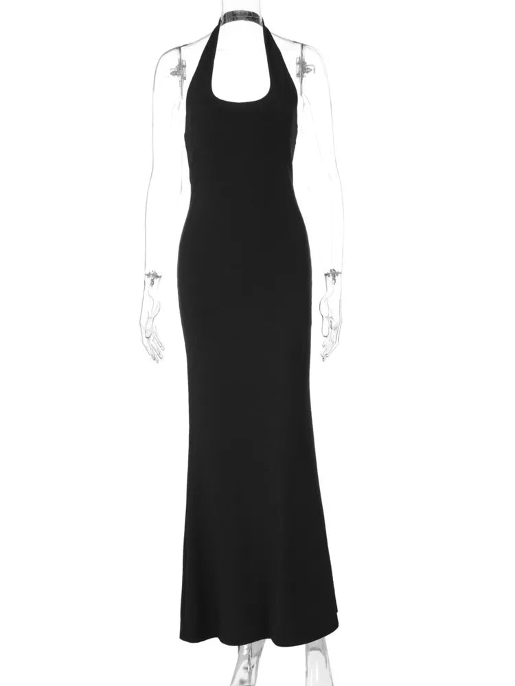 Halter Backless Sexy Maxi Dress Women Gown Summer New Solid U Neck Sleeveless High Waist Long Dress Elegant voguable