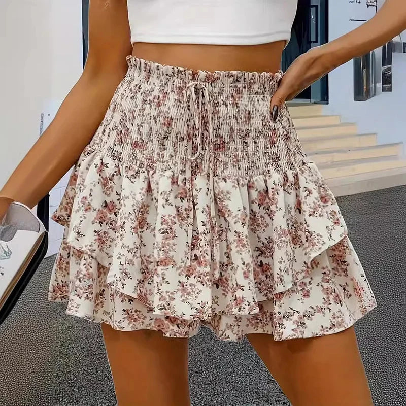 Voguable  Fashion Florals Mini Skirt for Women Summer Casual Waist Shaping Ruffled Hem Short Skirt Woman Drawstring Wide Leg Half Skirts voguable