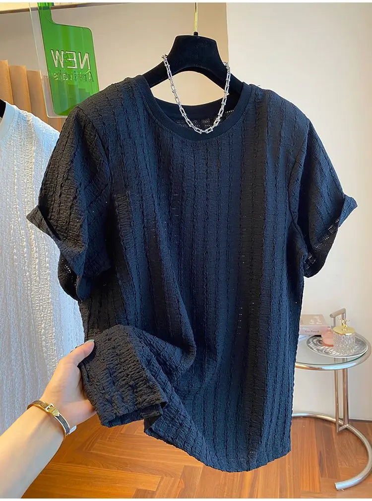 Voguable  Light Luxury Niche Round Neck Pullover Half-sleeved T-shirt Summer Men's Thin T-shirt Short-sleeved Shirt voguable