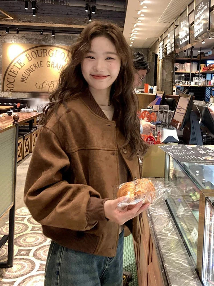Y2K Retro Baseball Jacket Women Faux Suede Long Sleeve Fall Winter Coat Streetwear Casual American Vintage O Neck Bf Tops voguable