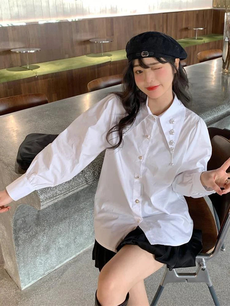 Voguable  Elegant Buttons Sweet White Shirt Women Fashion Long Sleeve Simple Blouse Korean Preppy Style Casual All Match Female Tops voguable