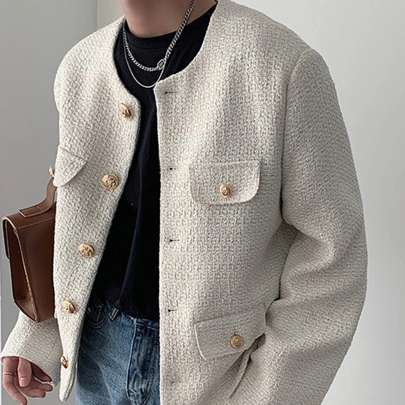 Korean Style Fashionable Tweed Round Neck Jacket Men Japanese Trendy High-end Single-breasted Short Jacket with Temperament voguable