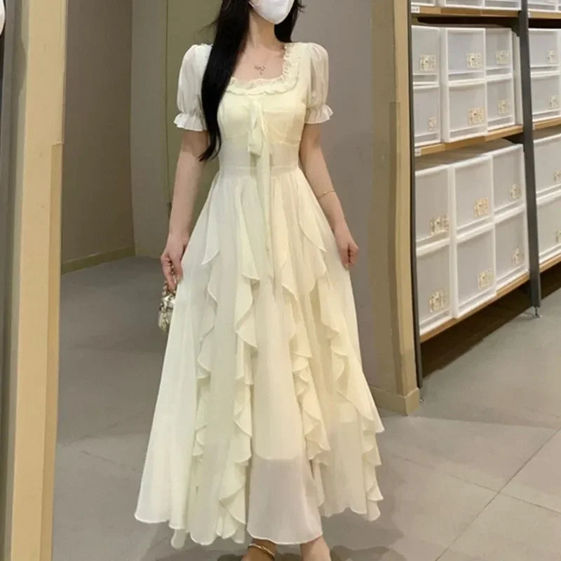 Voguable  Women Fairycore Chiffon Maxi Dress Square Neck Puff Sleeve Ruffle Flowy Long Dress Summer A-Line Party Wedding Guest Vestidos voguable