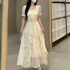Voguable  Women Fairycore Chiffon Maxi Dress Square Neck Puff Sleeve Ruffle Flowy Long Dress Summer A-Line Party Wedding Guest Vestidos voguable