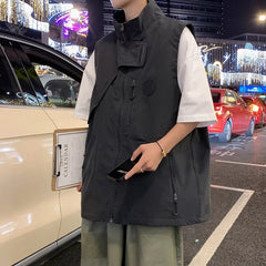 Vest Men Fashion Solid Simple Baggy Spring Autumn Sleeveless Stand Collar Asymmetrical Japanese Style Male High Street Handsome voguable