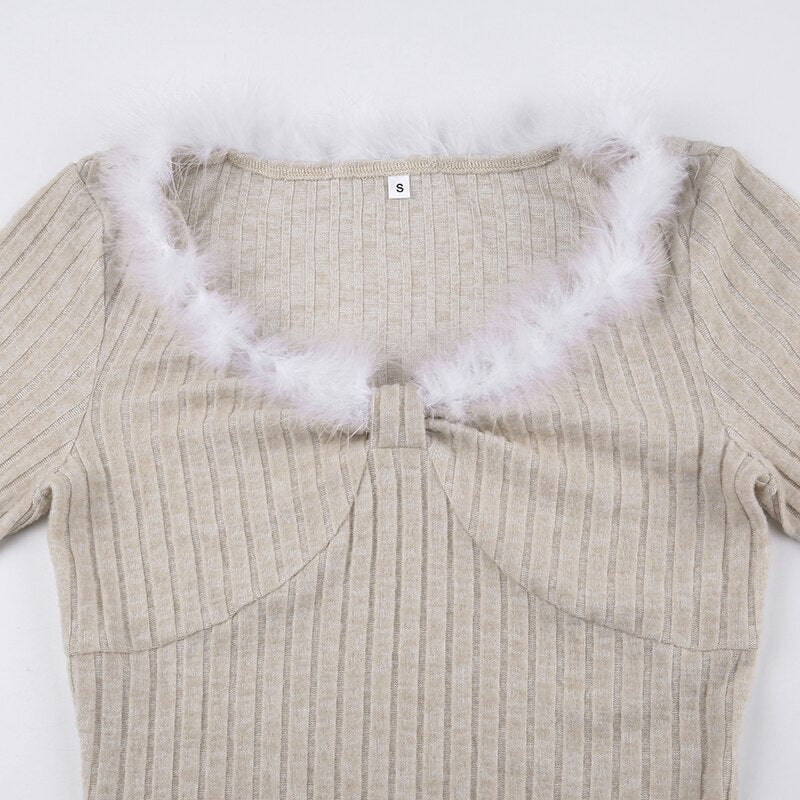 Fur Trim Knitted Slim Casual Long Dress mysite