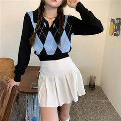 Autumn Winter Women Sweater Korean Fashion Lazy Wind Polo Collar Lingge Contrast Color Loose Long Sleeve Pullovers Knitted Tops voguable