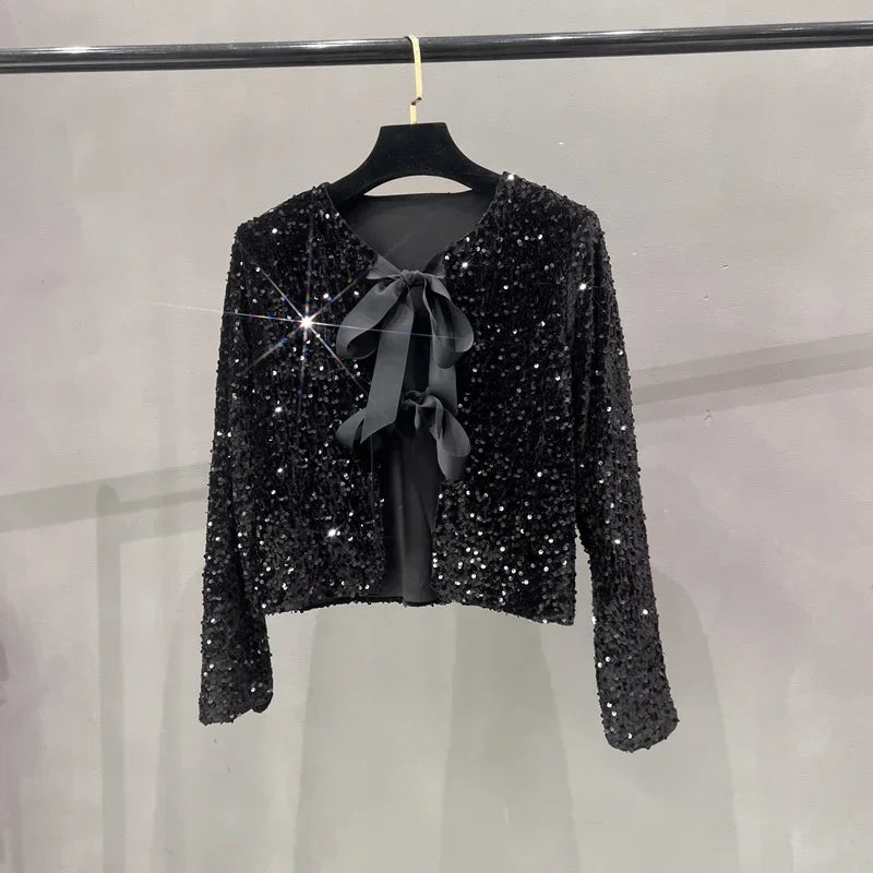 Voguable  Korean version name Warm air short version Small fragrant sequins Small suit Light ripe wind BINGBING bead lace-up bow top voguable