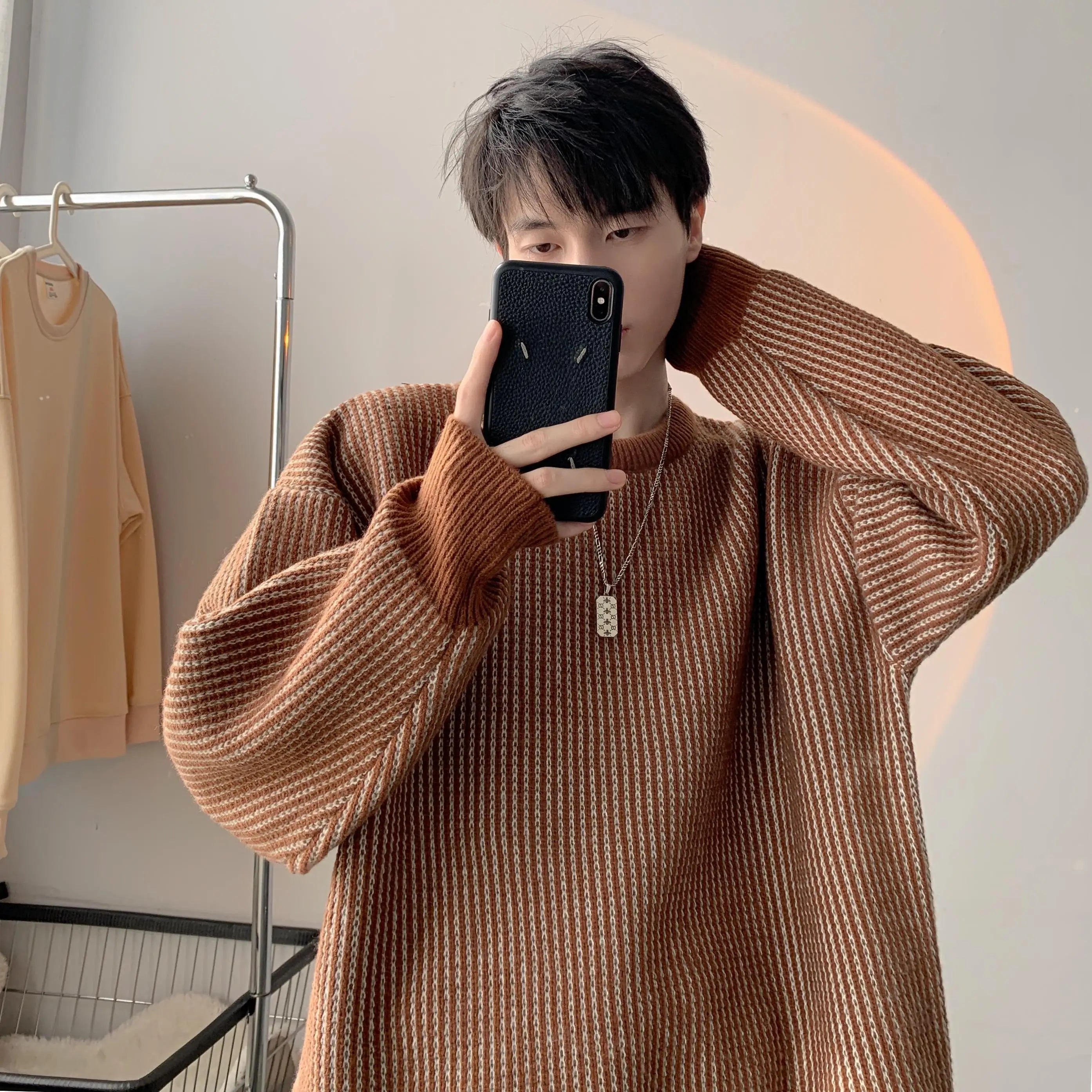 Voguable Striped Knitted Sweater Coat Men Japanese Oversize Casual Autumn Winter Loose O-neck Pullovers for Man Streetwear voguable