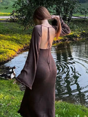 TARUXY Knitted Backless Long Dress For Women Ruffled Lace Up High Waist Maxi Dresses Femme Party Elegant Bandage Fashion Dress voguable