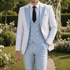Voguable  Men Suit Sky Blue White 3 Pieces With Lapel For Wedding Groom Party Prom Birthday Banquet Business Work Set Jacket Vest Pant voguable