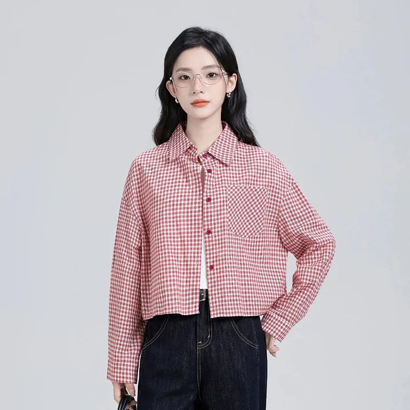 Sweet Red Plaid Shirt Women Preppy Style Vintage Long Sleeve Blouse Korean Fall Loose Female Retro Cute All Match Tops New voguable