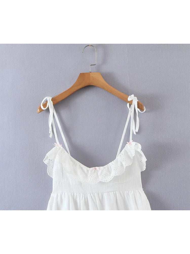 Voguable  Women Sweet Lace Patchwork White Sling Dress Sleeveless V Neck Female Mini Sexy Dresses voguable