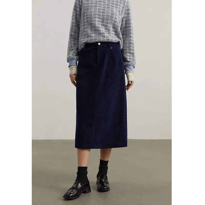 Corduroy Retro High Waist Skirt Women Autumn Winter Back Slit Commuter Casual Solid Color Length-option Female Skirts voguable