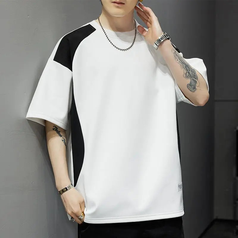 Voguable  Contrasted Color Splicing Short-sleeved T-shirt Men's Summer Two-piece Casual Loose Round Neck Pullover voguable