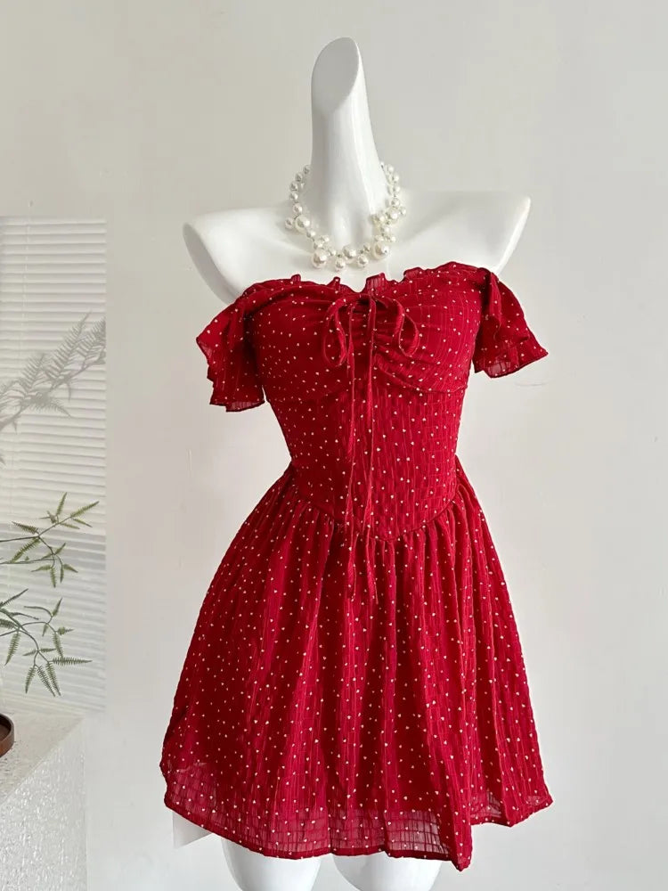 Women's Sexy Hotgirl Dot Dresses Summer French Slash-Collar Slim Fit Hollowed Waist Lace-up A-Line Short Skirt 2025 New Fashion voguable