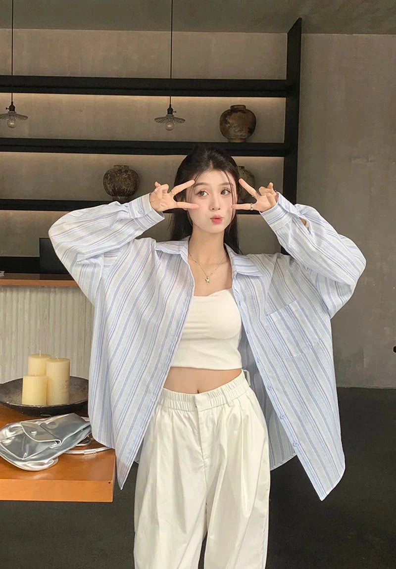 Sweet Casual Women Striped Shirts Loose Long Sleeve Vintage Cotton Linen Sun Proof Blouse Korean Preppy Style Letter Retro Tops voguable
