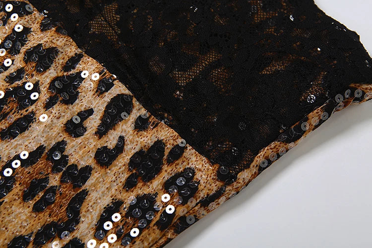 Voguable  Sexy Leopard Slip Dress Women Jacquard Lace Patchwork Sequined Backless Elegant Stretch Slim Street Clubwear Bodycon voguable