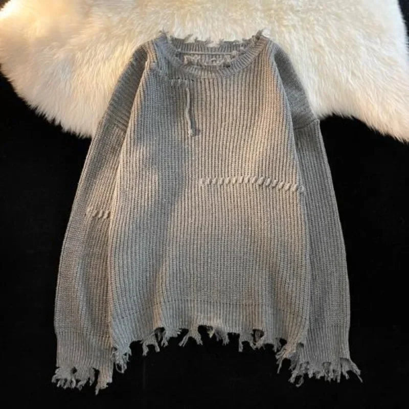 Voguable  Knitted Sweaters for Men Solid Color Crewneck Man Clothes Pullovers Round Collar Plain with Holes Beige Torn Thick Winter Street voguable