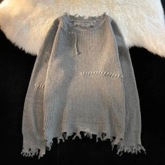 Voguable  Knitted Sweaters for Men Solid Color Crewneck Man Clothes Pullovers Round Collar Plain with Holes Beige Torn Thick Winter Street voguable