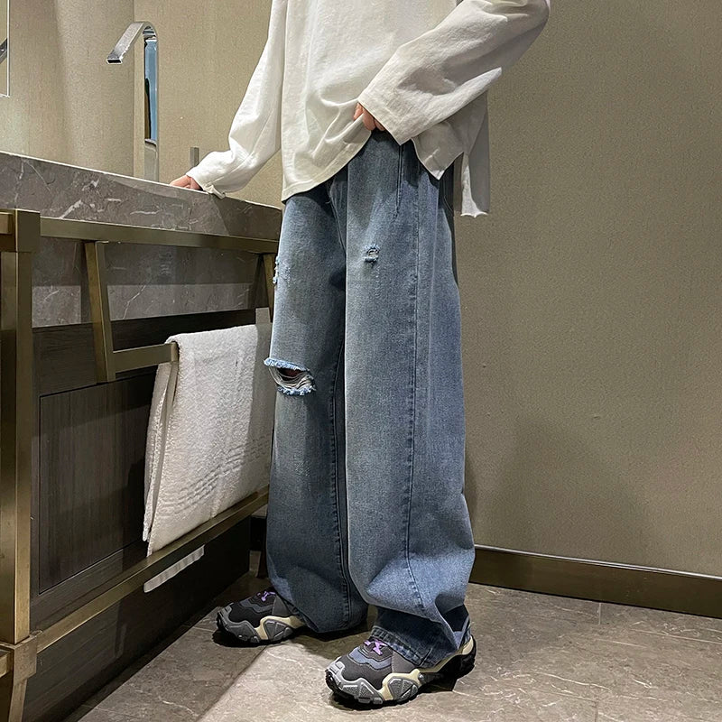 Men's Denim Pant Stretch Ripped Hole Straight Jeans For Men High Street Biker Trousers gotmes-shop