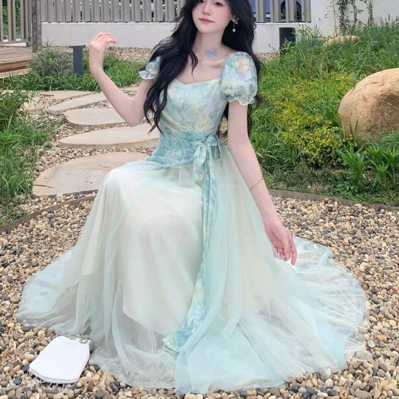 Voguable  Summer New Women's Romantic Fairycore Gradient Tulle Dress Square Neck Puff Sleeve Belted A-line Long Party Prom Dresses voguable