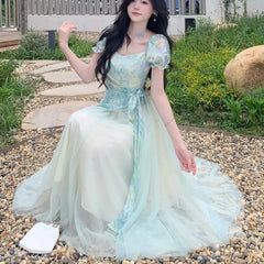 Voguable  Summer New Women's Romantic Fairycore Gradient Tulle Dress Square Neck Puff Sleeve Belted A-line Long Party Prom Dresses voguable