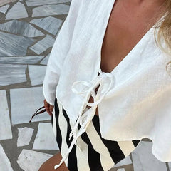 ALOBEE Loose Lace Up Bow Shirt Women Elegant V Neck Long Flare Sleeve Lady 2024 New Spring Summer Simple High Street Female Tops voguable