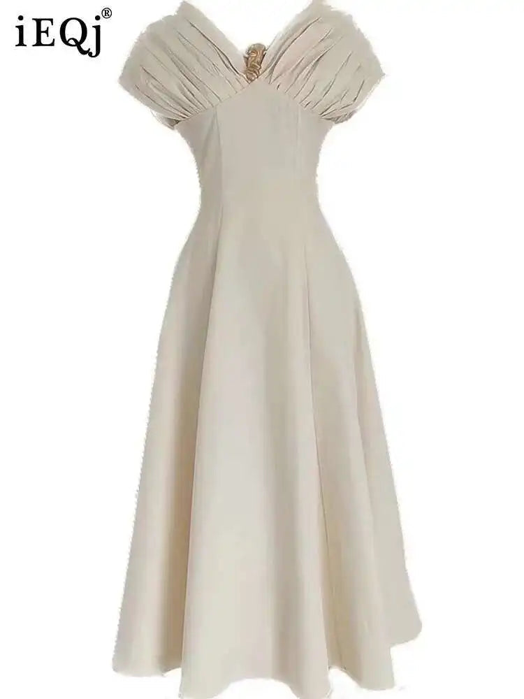 Solid Folds Design Dresses For Women Short Sleeve High Waist V Neck Elegant Long Dress Female Autumn 2025 New voguable