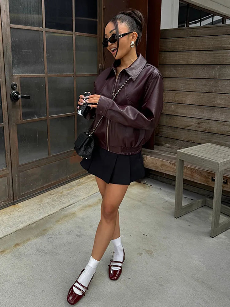 Vintage Solid Color Lapel Zipper Leather Jacket Casual Long Sleeved Elastic Short Women Coat Fall Commuting Street Outerwears voguable
