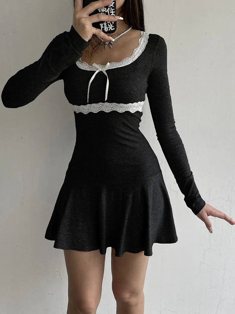 Voguable Lace Patchwork Knitted Mini Dresses Women Autumn Y2K Sweet Bow Bodycon Long Sleeve Pleated Dress Casual Korean Style voguable