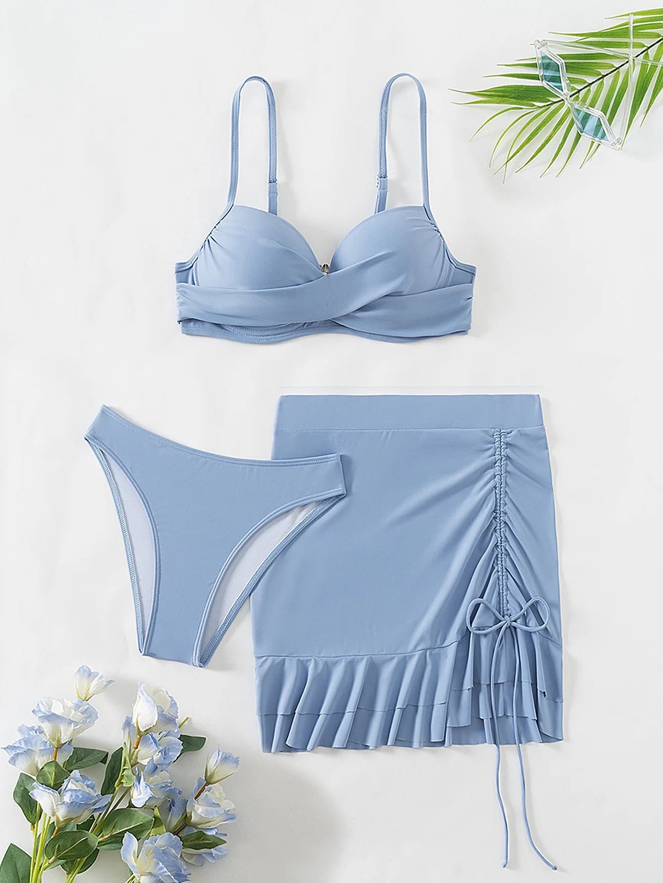 Voguable  Women's Sky Blue Three Piece Swimsuit Solid Color V-neck Underwire Bikini Set Beach Vacation Suspender Backless Swimwear voguable