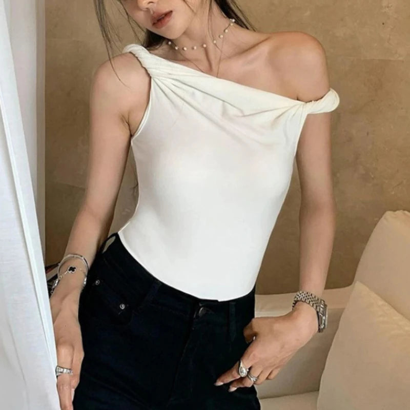 Off Shoulder Slim Fit Twist Top For Women Sexy Solid Fashion Sleeveless Patchwork Pullover Short T shirt Female Summer voguable