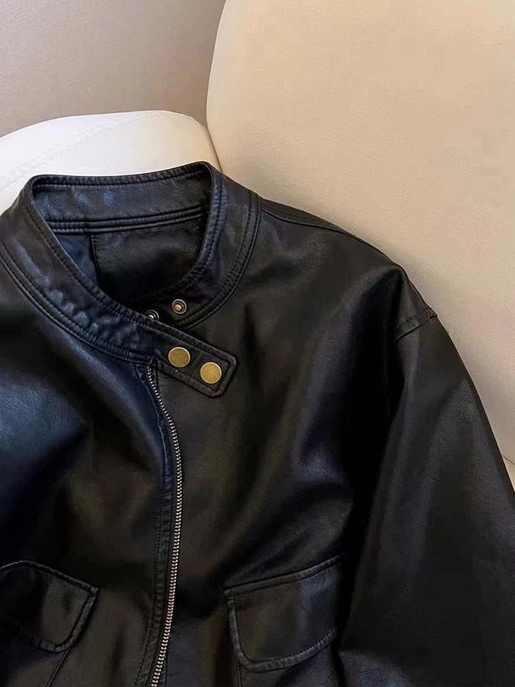Vintage Biker Women Pu Jackets Streetwear Casual Long Sleeve Y2K Coat American Retro Pockets O Neck Fall Winter Outwear Tops New voguable