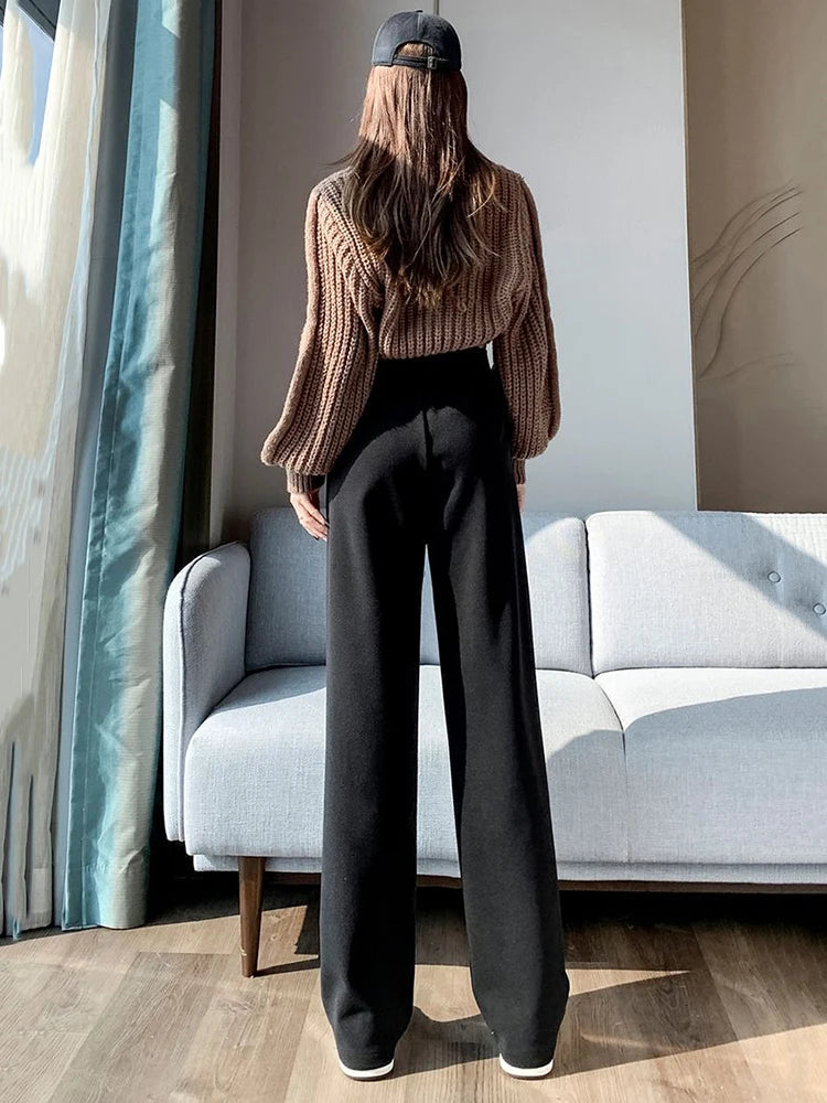 Fall Winter Woolen Suit Pants Women High Waist Loose Casual Wide-Leg Trousers Y2K Solid Korean Chic Office Lady Straight Pants voguable