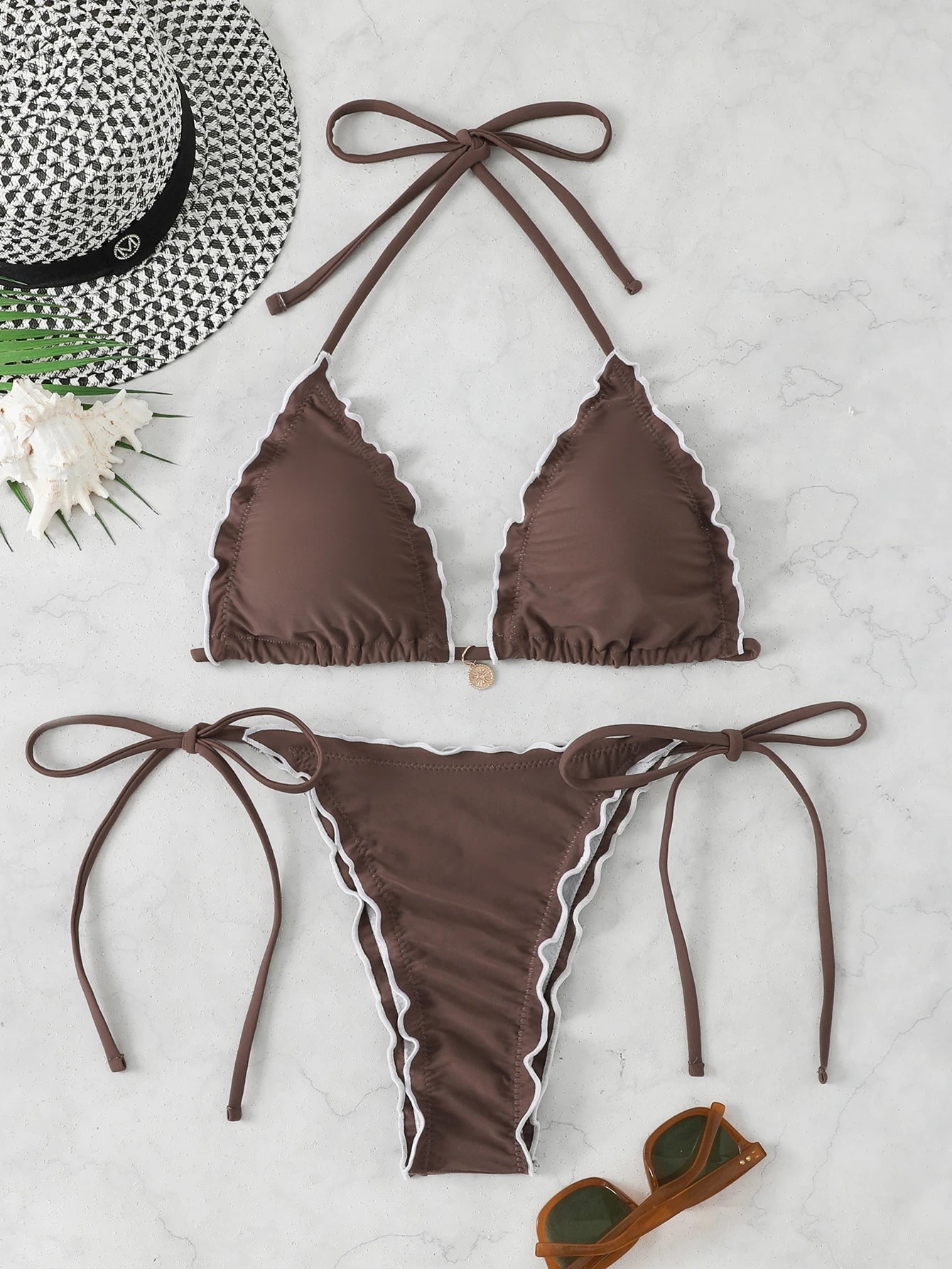 Voguable  Triangle Halter String Bikinis Women Sexy Ruffle Swimsuit Solid Cherry Swimwear Female Bathers Bathing Swimming Swim Suit voguable