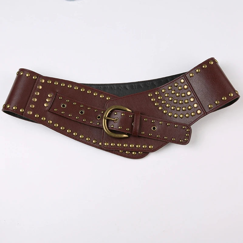 Voguable PU Wide Belts Vintage Rivet Pin Buckle Luxury Leather Belt for Women Jeans Waistband y2k Punk Rock Hip Hop Accessories voguable