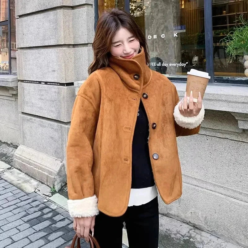 Y2K Faux Lamb Suede Jacket Women Warm Winter Streetwear Retro Coat Korean Casual Loose Long Sleeve Single Breasted Outwear voguable