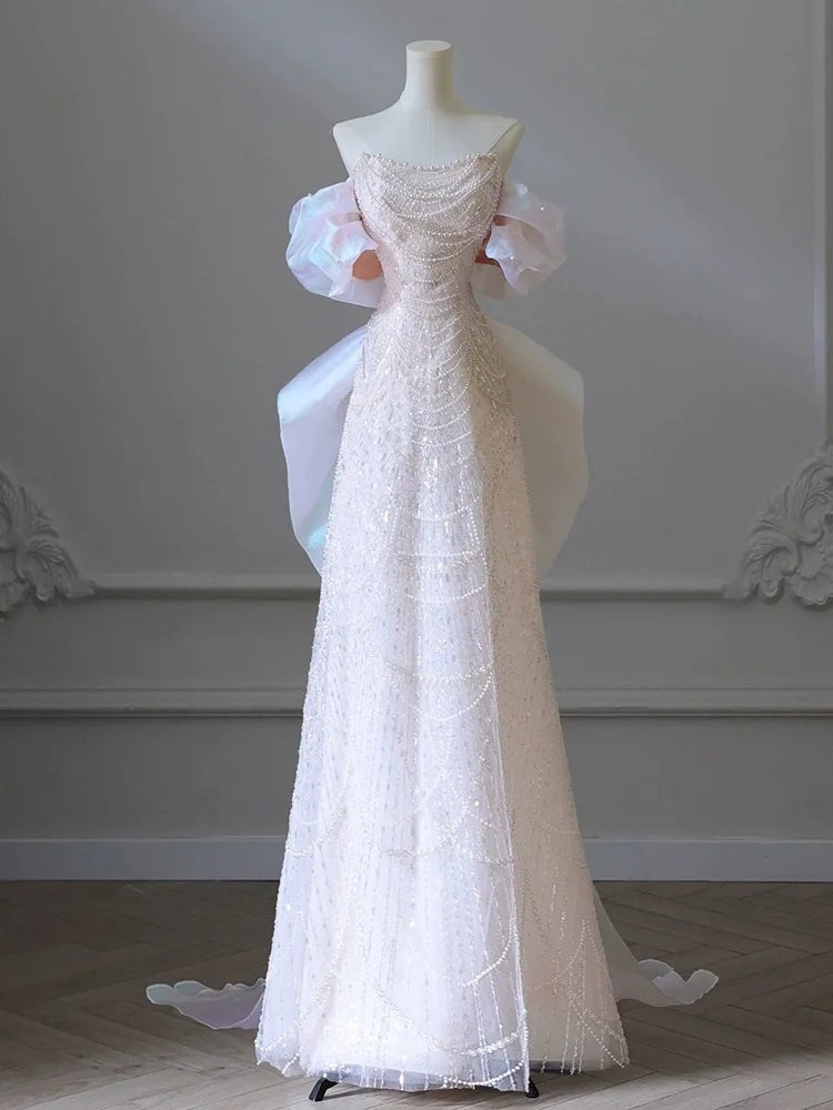 Voguable White Luxury Senior Evening Dresses Bow Strapless Beading Off The Shoulder Shiny Sequin Cockital Host Party Evening Prom Gown voguable