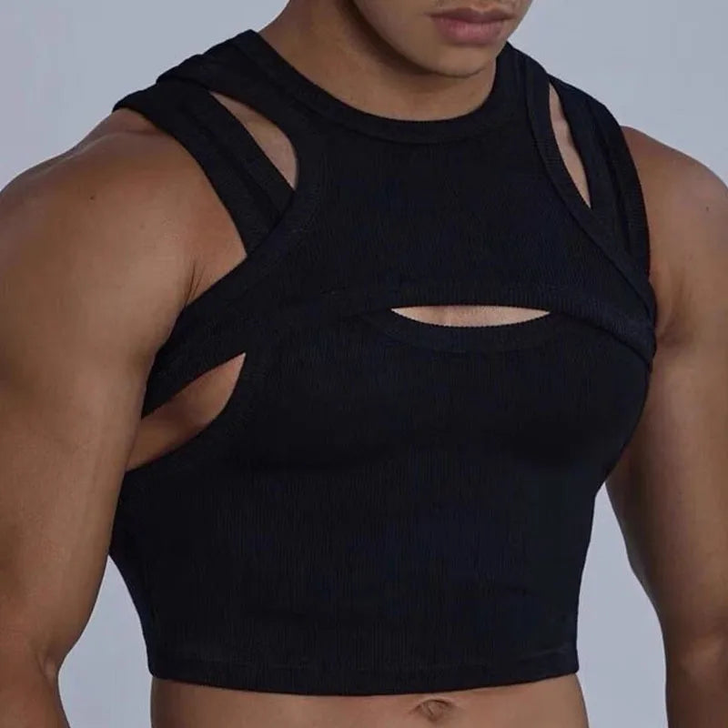 Voguable  Pure Cotton Tank Tops Men's Motion Tight Elastic Force Bottoming Shirt Round Neck Hollow Out Fashion Undershirt voguable