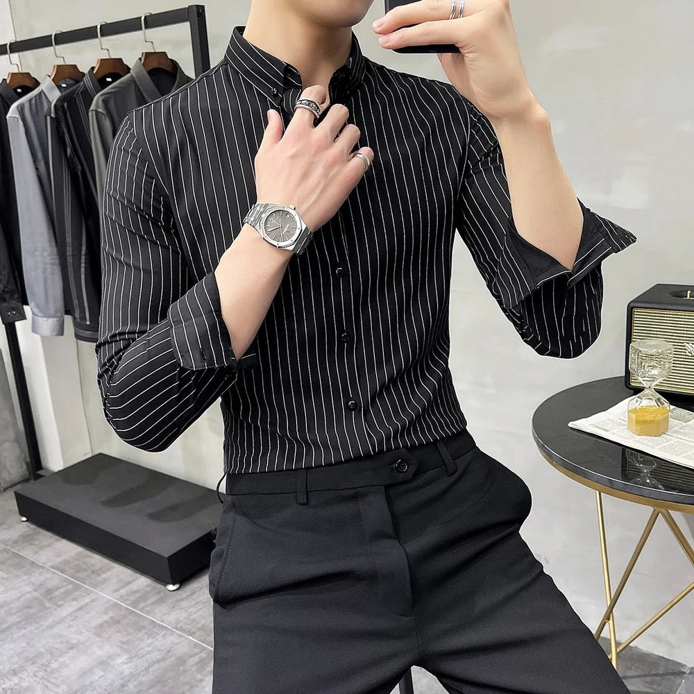 Striped Shirt Mens 2022 Spring New British Style Business Casual Long Sleeve Iron-Free Anti-Wrinkle Dress Shirt Mens Clothing voguable