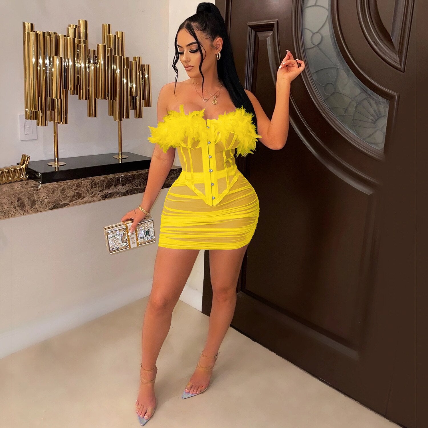 Slash Neck Spaghetti Straps Sexy Crop Tank Top Mini Dress With Feather Summer Women Solid Fashion Cute Robe voguable